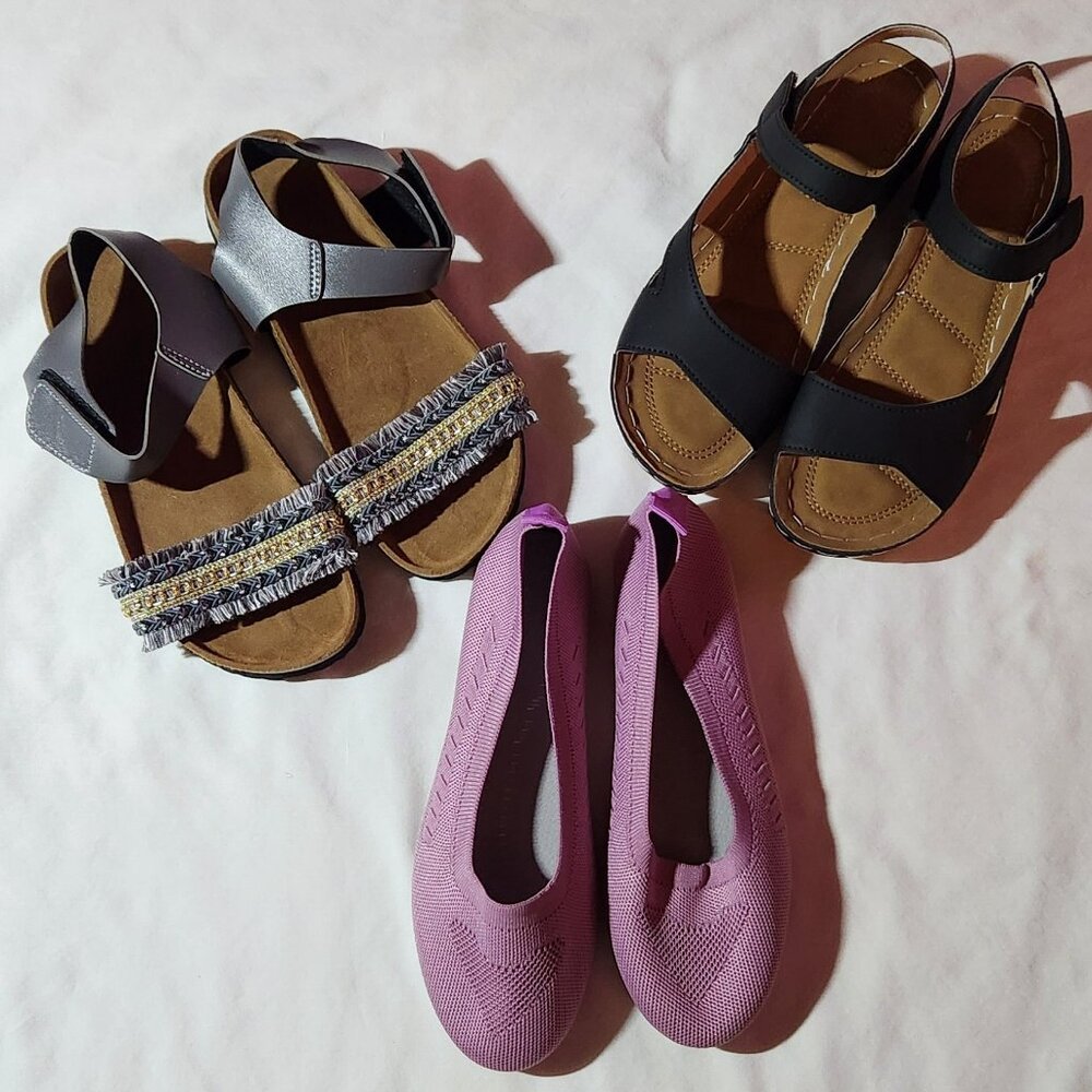 Lot of three pair sandals/flats sz 6 sz 36 lavender gray black all NEW